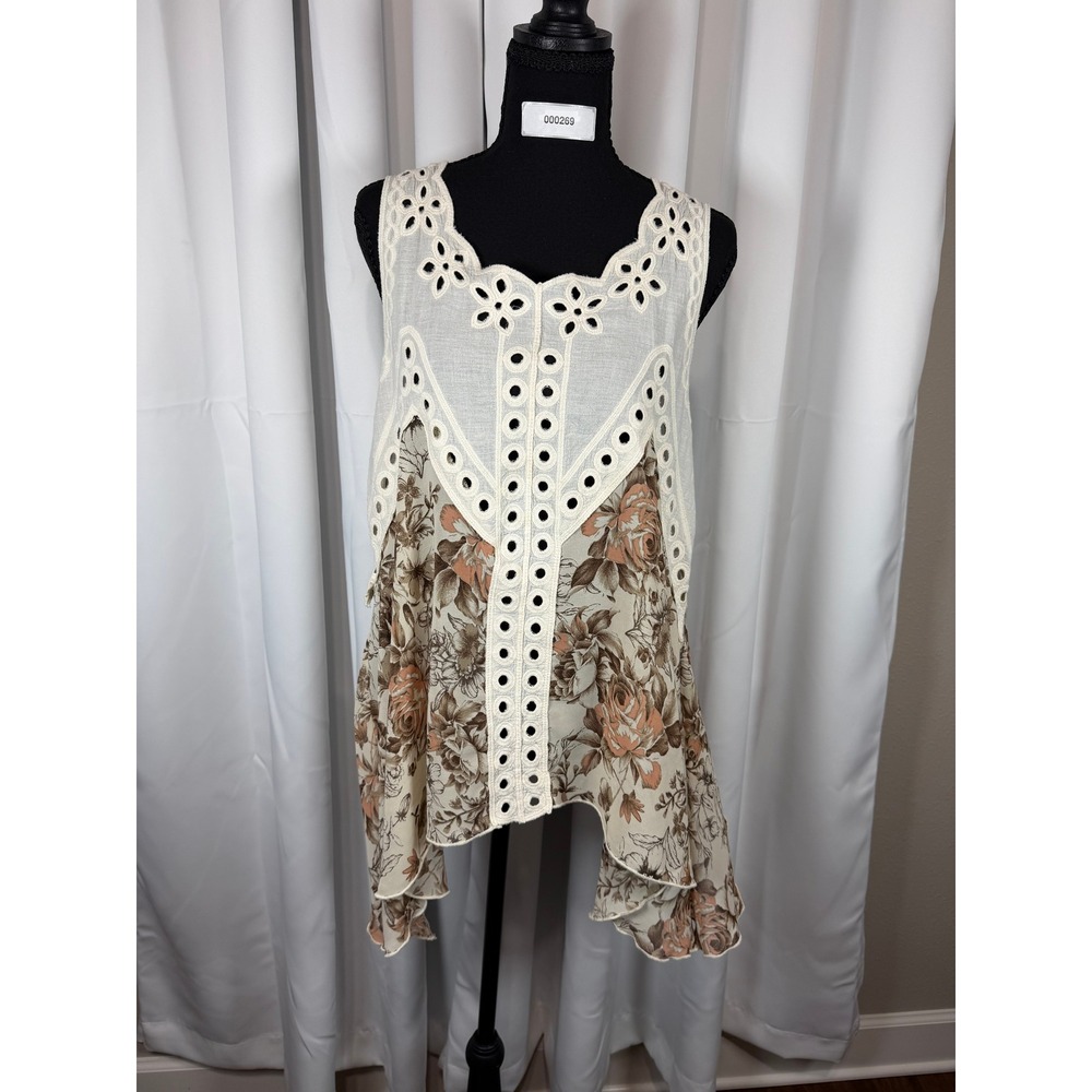 Origami by Vivien Cream Floral Eyelet Lace Sleeveless Top Boho 603-4K71 SM
